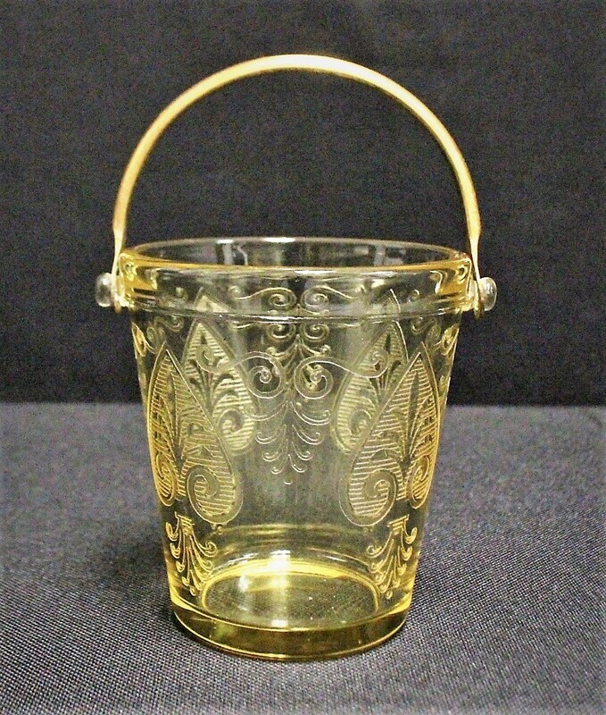 Fostoria Trojan Topaz Yellow Etched Glass Sugar Pail with Brass Swing Handle