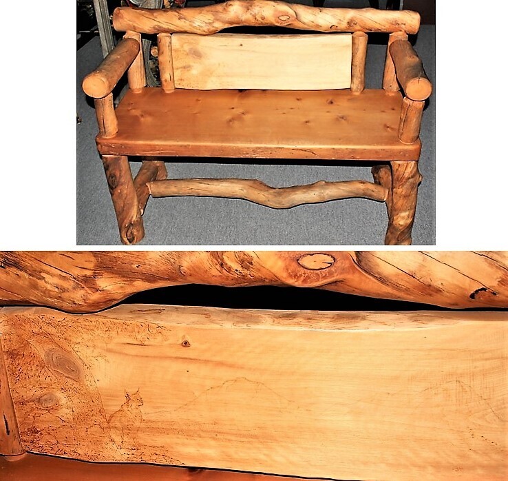 Cedar Log Bench with Carved Bobcat and Mountains on Backrest, One of a Kind