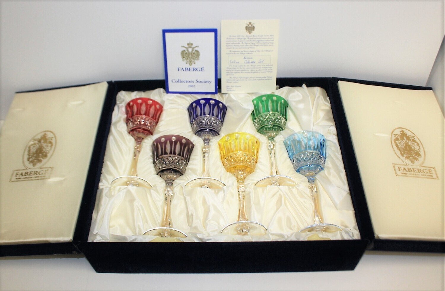 Faberge Set of 6 Xenia Multi-Colored Wine Glass Goblets in Blue Presentation Box