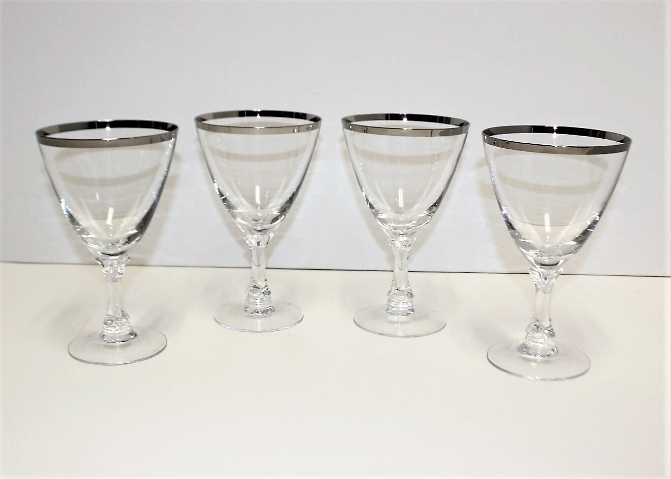 Set of 4 Fostoria Crystal Wedding Ring 6.25” Platinum Trim Water Goblets