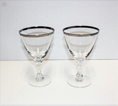 Set of 2 Fostoria Crystal Wedding Ring 6.25” Platinum Trim Water Goblets