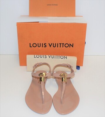 Louis Vuitton Nude Pink Bikini Rubber Sandals with LV Gold Padlock in Box, Sz 39