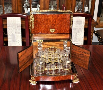 Antique French Napoleon III Burl Walnut Liquor Cellar with Decanters & Cordials