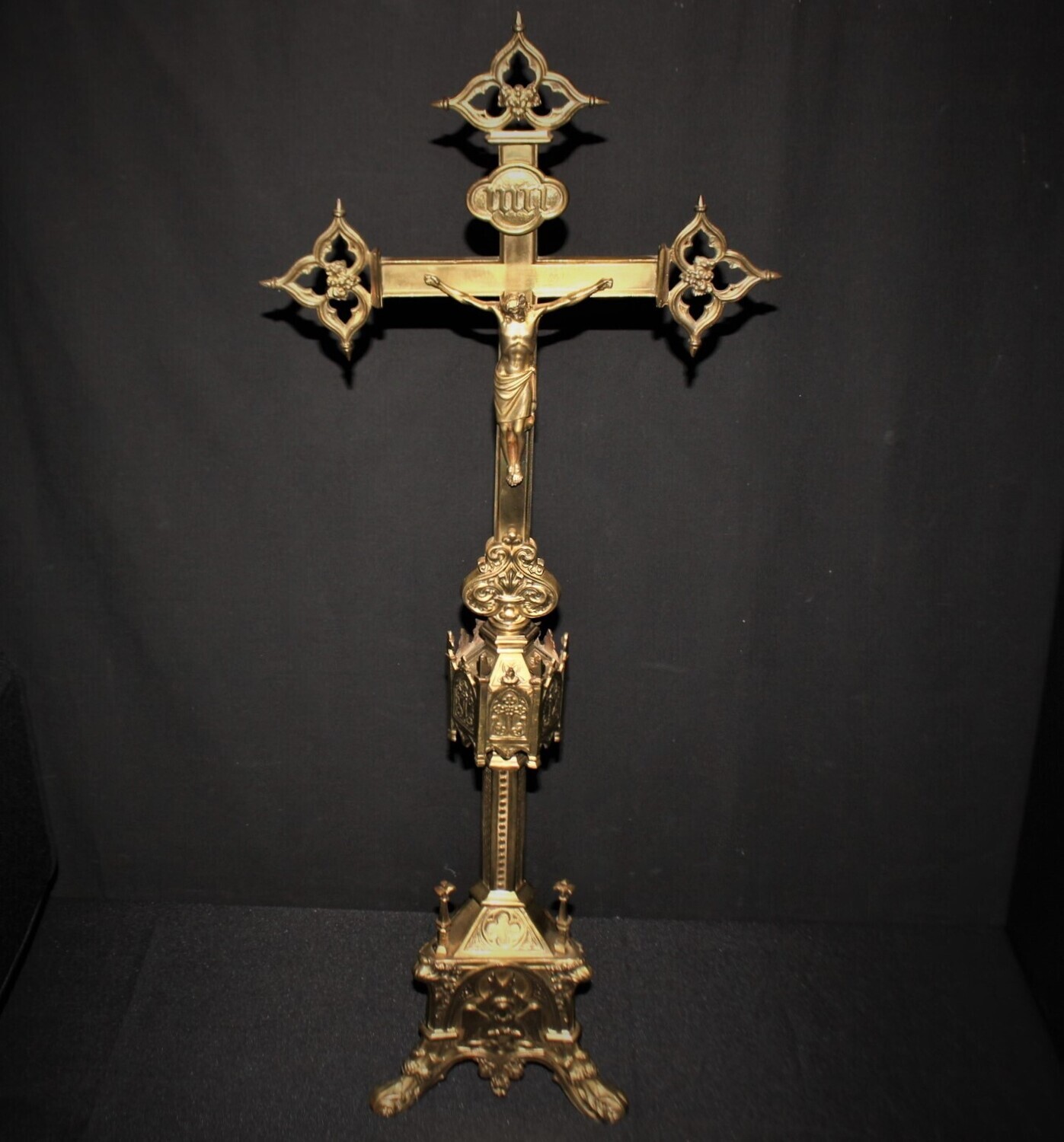 Antique 1850’s French Large 31" Freestanding Brass Altar Crucifix INRI Cross
