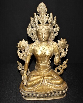 Vintage Tibetan Bronze Tara Goddess 14” Buddhist Statue Seated on Lotus Base