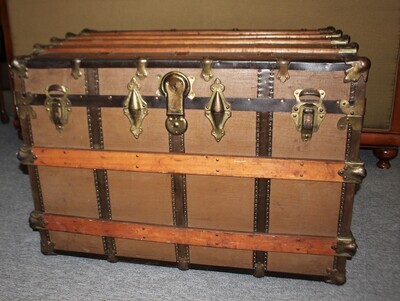 Antique Eagle Lock Co. Flat Top Steamer Trunk on Wheels with Removable Tray