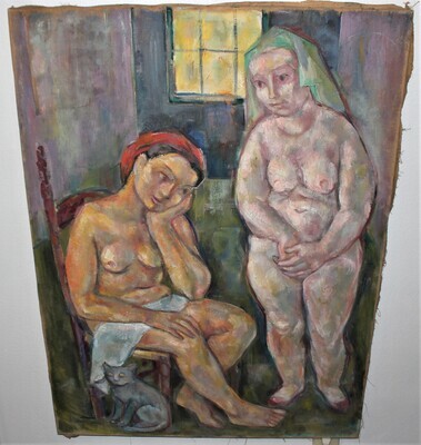 Emanuel Romano Mother and Beatrice Original 30x40 Oil on Burlap Painting, Signed
