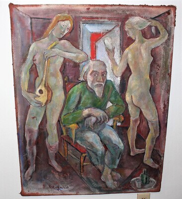 Emanuel Romano with Two Models 1935 Original 28 x 36 Oil Painting, Hand Signed