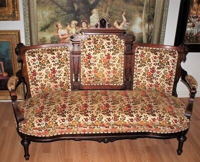 Antique Victorian Renaissance Carved Walnut and Burl Upholstered Sofa Settee