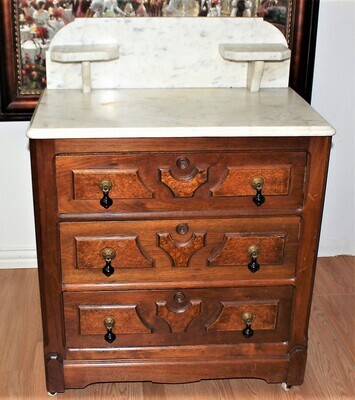 Antique Victorian Walnut and Burl Marble Top 3-Drawer Washstand on Casters