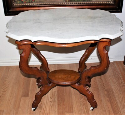 Antique Victorian Walnut and Marble Turtle Top Parlor Table on Casters