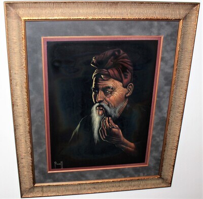 Oriental Man Smoking Pipe 29x35 Framed Oil on Velvet Portrait Painting, Signed by Powell