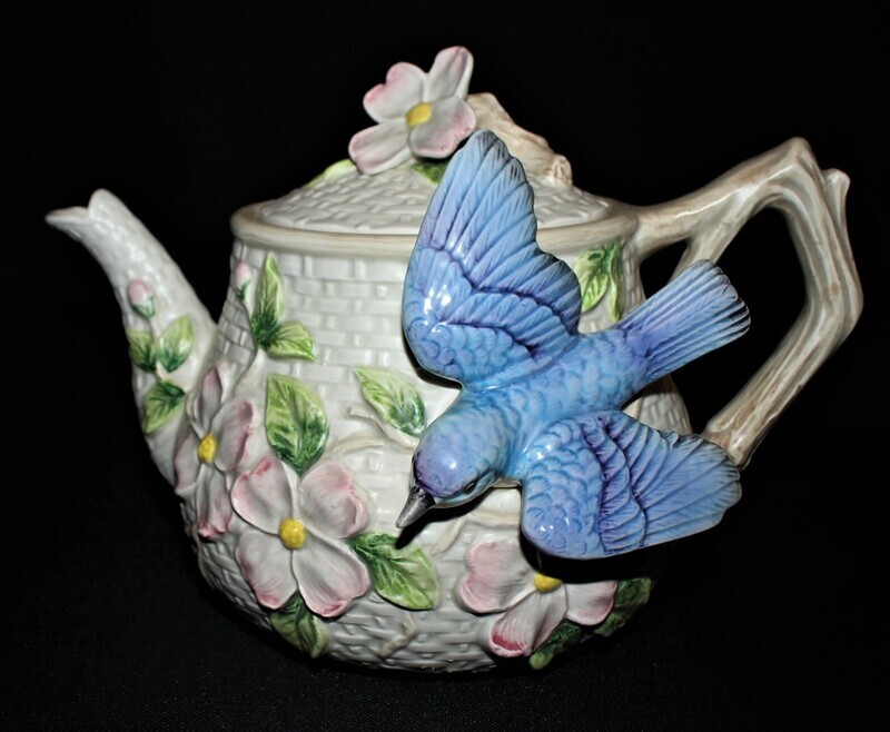 Fitz &amp; Floyd Bluebird and Dogwood Flowers Woven 48 Ounce Teapot with Lid