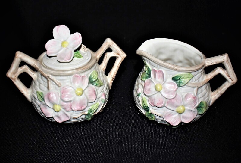 Fitz &amp; Floyd Pink Dogwood Flowers Bluebird Pattern Creamer, Sugar &amp; Lid in Box