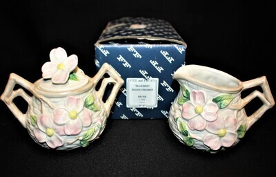 Fitz & Floyd Pink Dogwood Flowers Bluebird Pattern Creamer, Sugar & Lid in Box