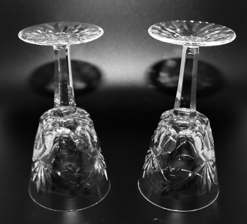 Pair of Waterford Ashling Cut Crystal Claret Wine Glasses 5 7/8” Multi-Sided Stem