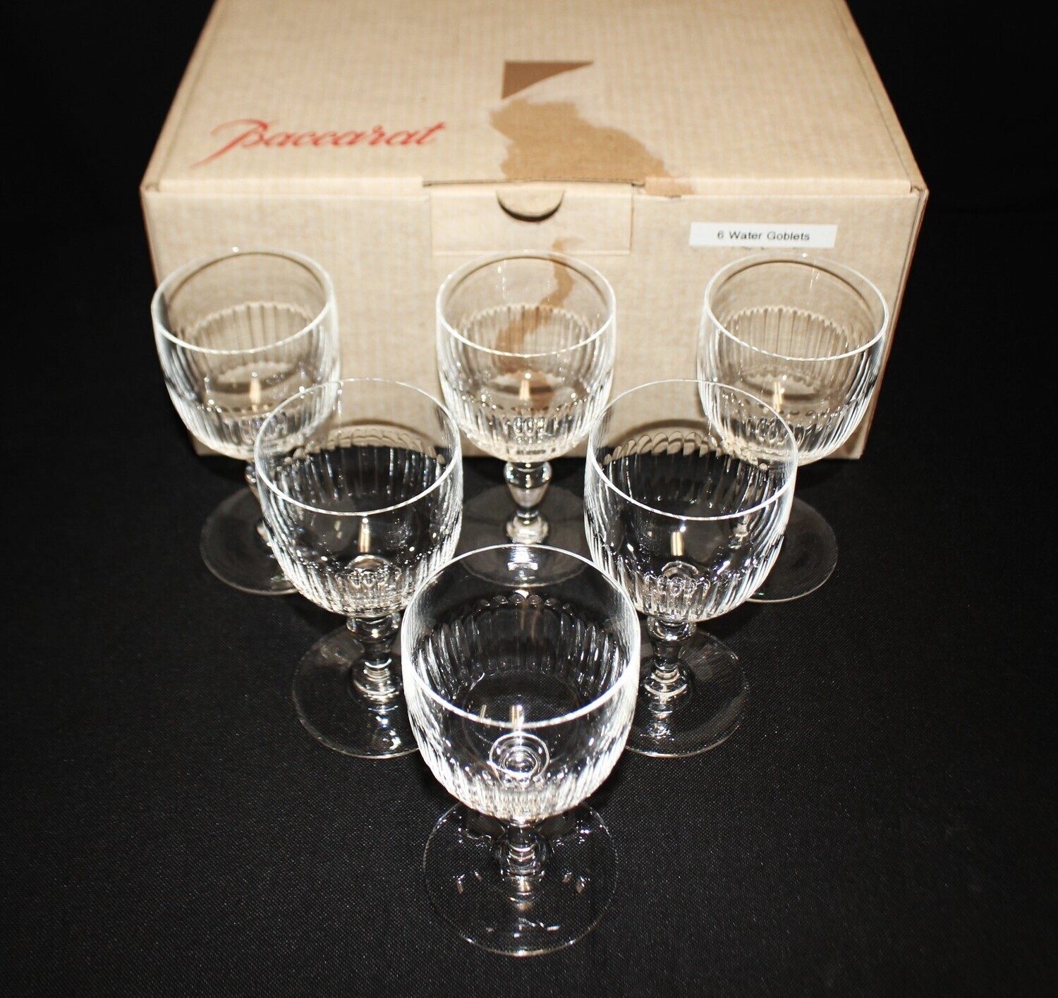 Set of 6 Baccarat RENAISSANCE Cut 5 7/8” Stemmed Water Goblets in Box, Signed