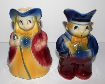Pair of Shawnee Little Boy Blue and Little Bo Peep 7.5" Tall Pottery Pitchers