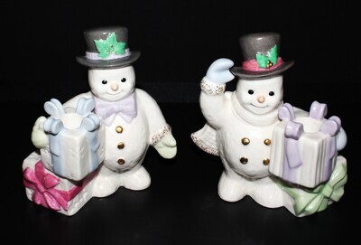 Pair of Lenox 1999 Christmas Collection Porcelain Figural Snowman Candle Holders