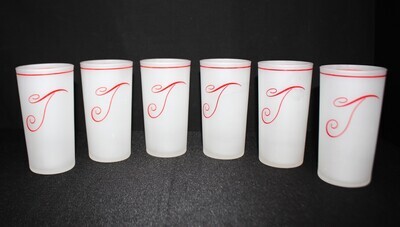 Set of 6 Federal Glass Red Monogram “T” Clear Satin Frosted Tumbler Set