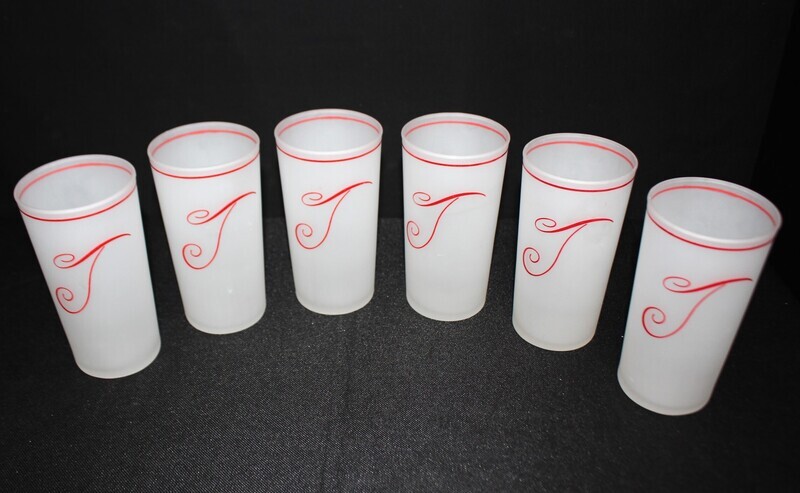 Set of 6 Federal Glass Red Monogram “T” Clear Satin Frosted Tumbler Set
