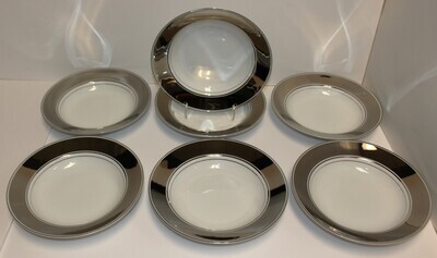 Set of 7 Fitz and Floyd Platinum Rondelet 109 Porcelain 9” Rimmed Soup Bowls