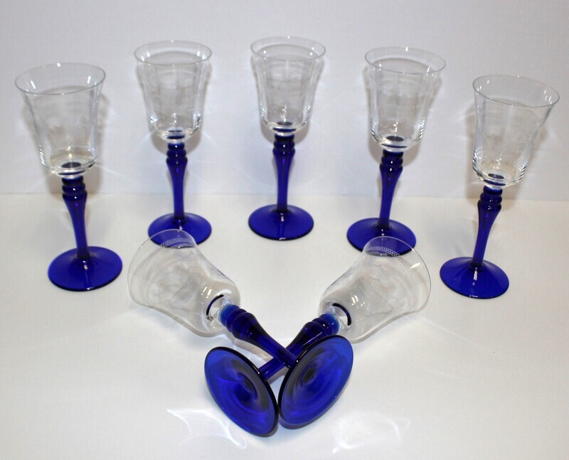 Set of 7 Needle Etched Clear 6.25” Wine Glasses w/ Cobalt Blue Stem Circa 1920&#39;s
