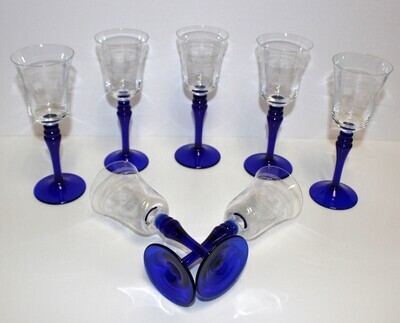 Set of 7 Needle Etched Clear 6.25” Wine Glasses w/ Cobalt Blue Stem Circa 1920's