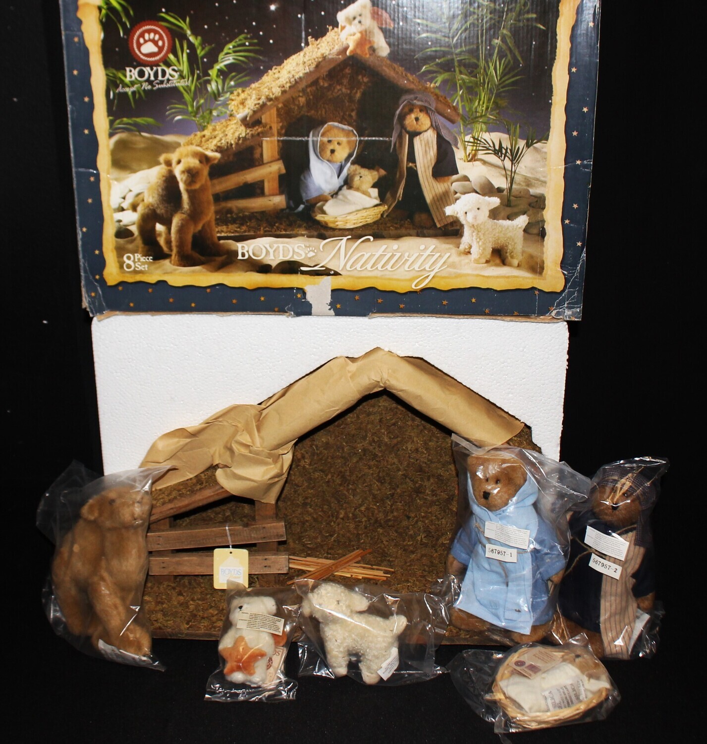 Boyds 8-Piece Nativity Set Plush Bears, Camel, Lamb & Creche New in Box w/ Tags