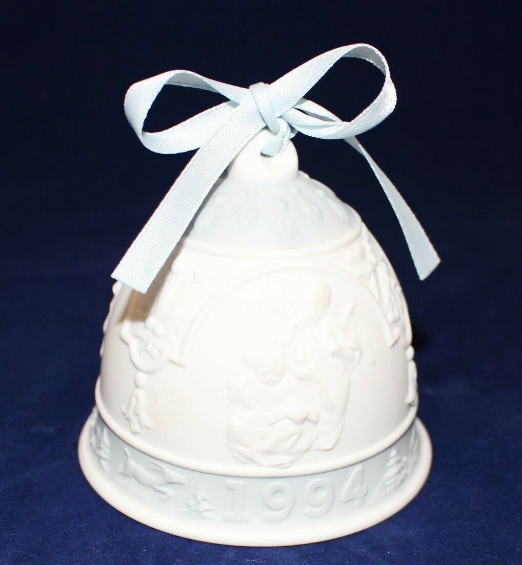Lladro 1994 Annual Porcelain Bisque Christmas Bell Ornament with Blue Ribbon