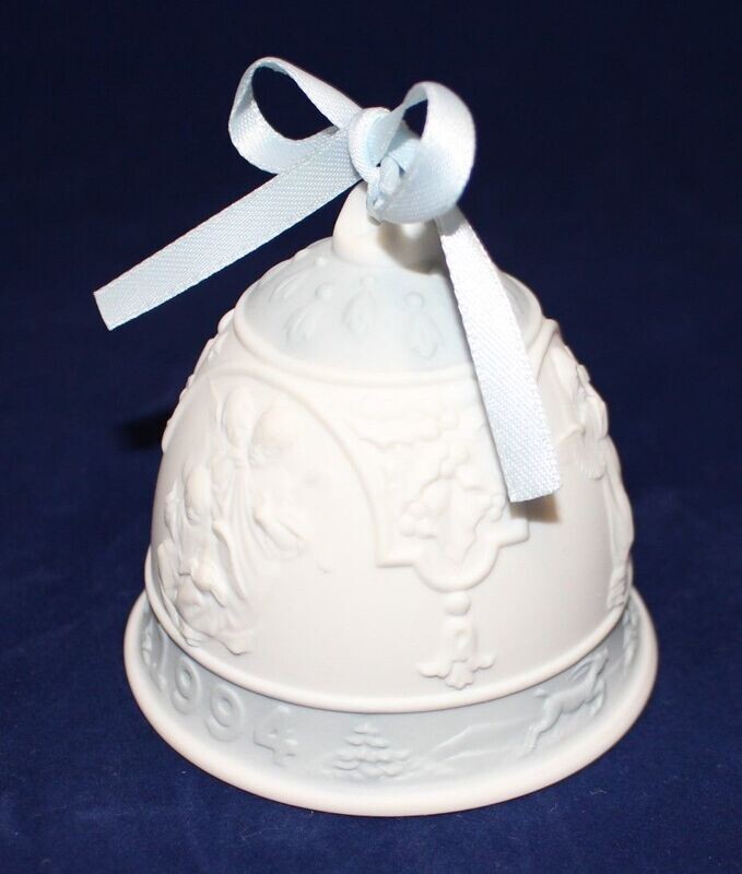 Lladro 1994 Annual Porcelain Bisque Christmas Bell Ornament with Blue Ribbon