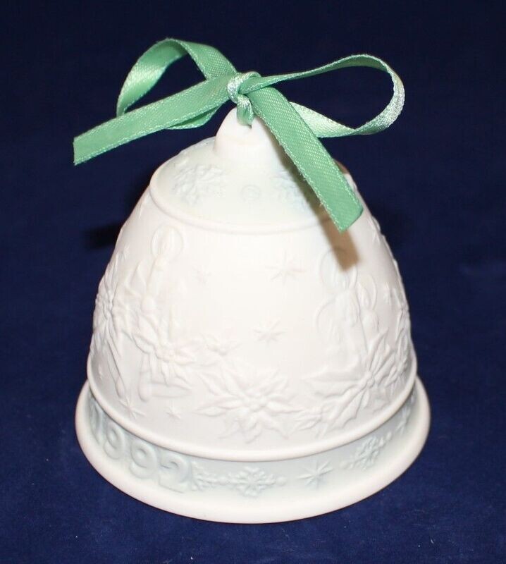 Lladro 1992 Annual Porcelain Bisque Christmas Bell Ornament with Green Ribbon