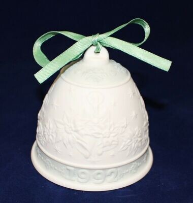 Lladro 1992 Annual Porcelain Bisque Christmas Bell Ornament with Green Ribbon