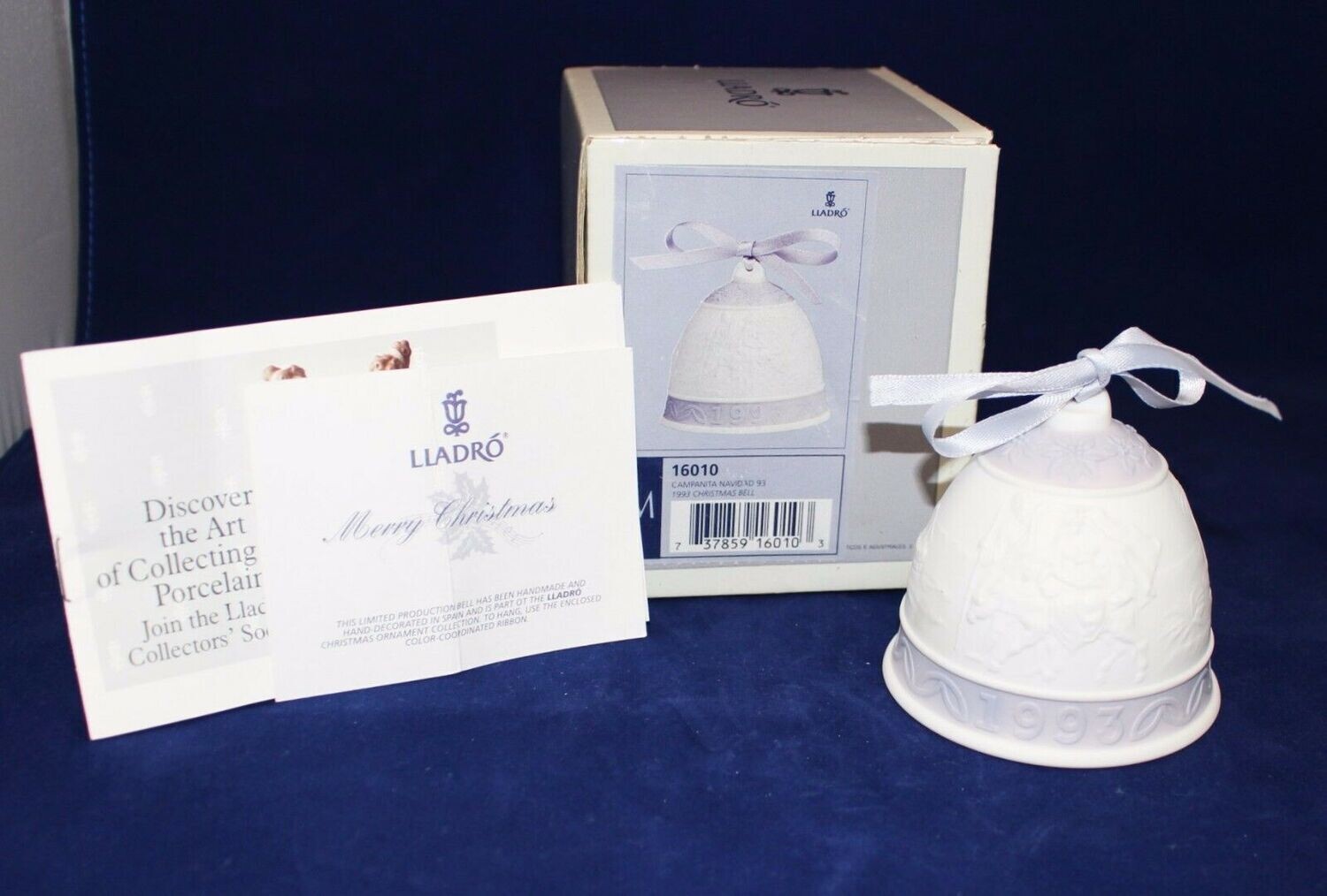 Lladro 1993 Annual Porcelain Christmas Bell Ornament with Purple Ribbon in Box