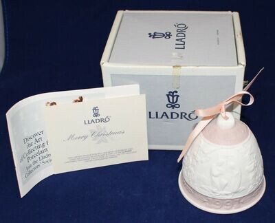 Lladro 1991 Annual Porcelain Christmas Bell Ornament with Pink Ribbon in Box