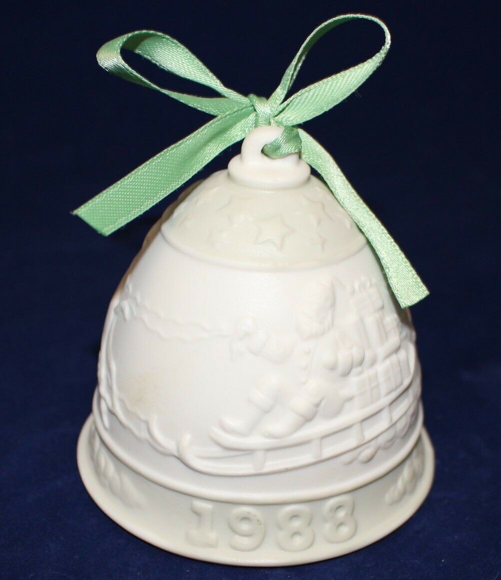 Lladro 1988 Annual Porcelain Bisque Christmas Bell Ornament with Green Ribbon