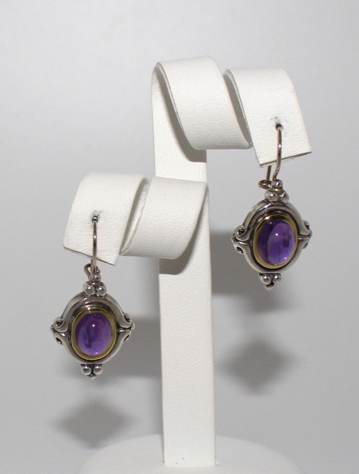 Vintage Esti Frederica Purple Amethyst 18K Yellow Gold Sterling Silver Earrings