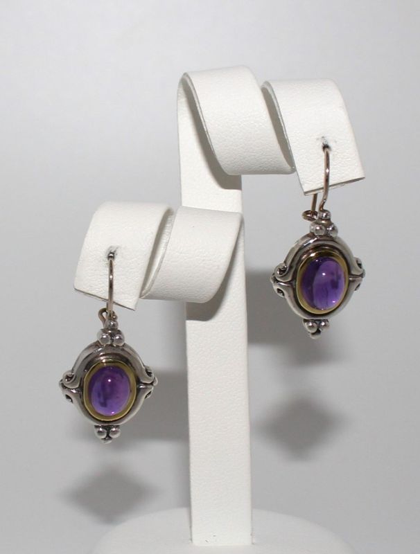 Vintage Esti Frederica Purple Amethyst 18K Yellow Gold Sterling Silver Earrings