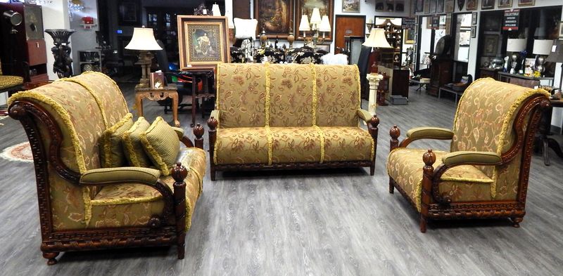 Vintage Heavily Carved Mahogany Oversized Sofa, Loveseat &amp; Armchair Parlor Suite