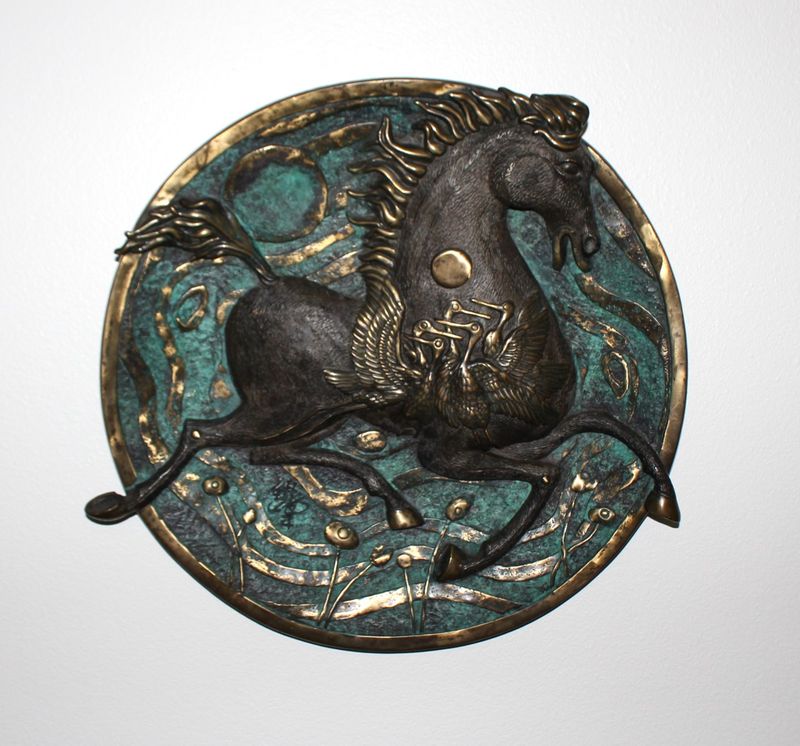 Jiang Tiefeng “Tang Dynasty” Large Cast Bronze Sculpture Horse Platter, Signed