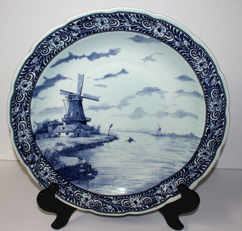 Royal Sphinx Maastricht 16” Delft Blue Windmill Holland Wall Plate, Signed