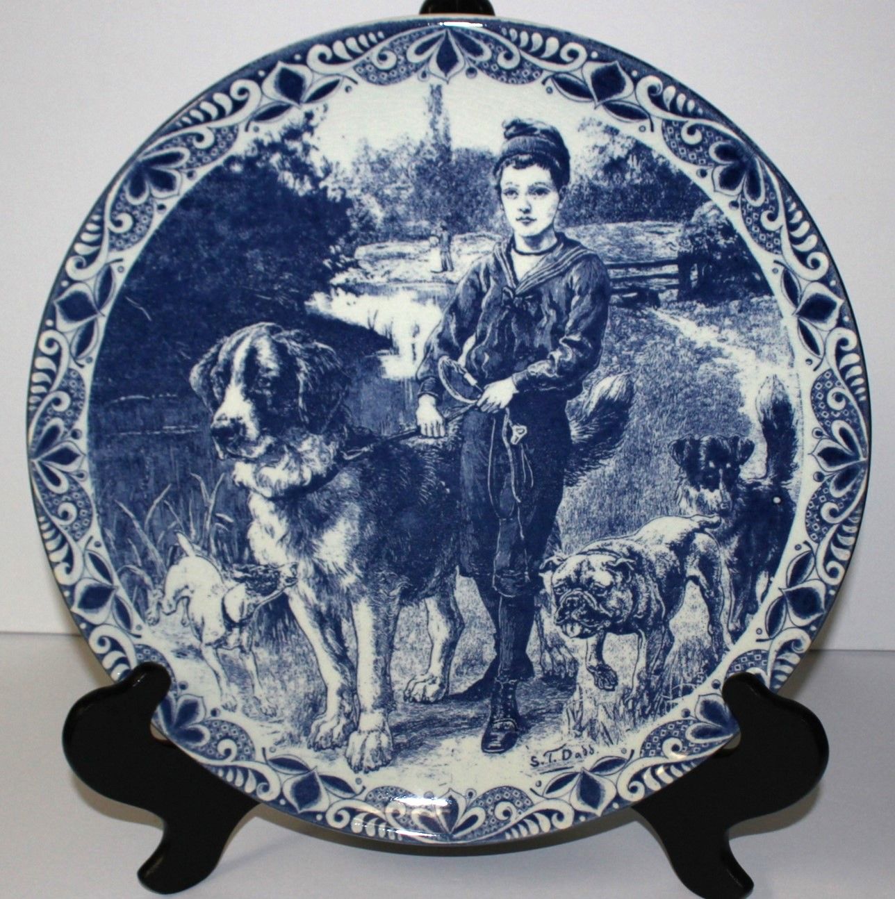 Delfts Blauw Chemkefa Dutch Boy &amp; his Dogs 13” Holland Wall Plate Signed, RARE