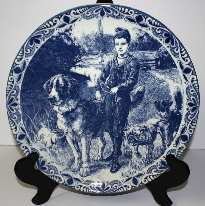 Delfts Blauw Chemkefa Dutch Boy &amp; his Dogs 13” Holland Wall Plate Signed, RARE