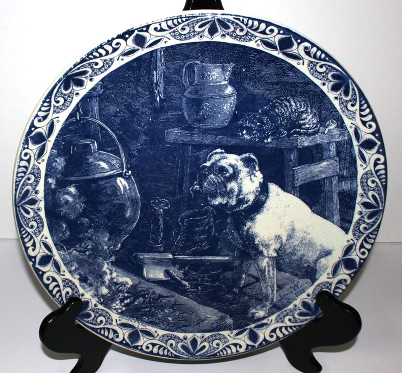 Delfts Blauw Chemkefa Bulldog &amp; Tabby Cat Holland 13” Signed Wall Plate, RARE