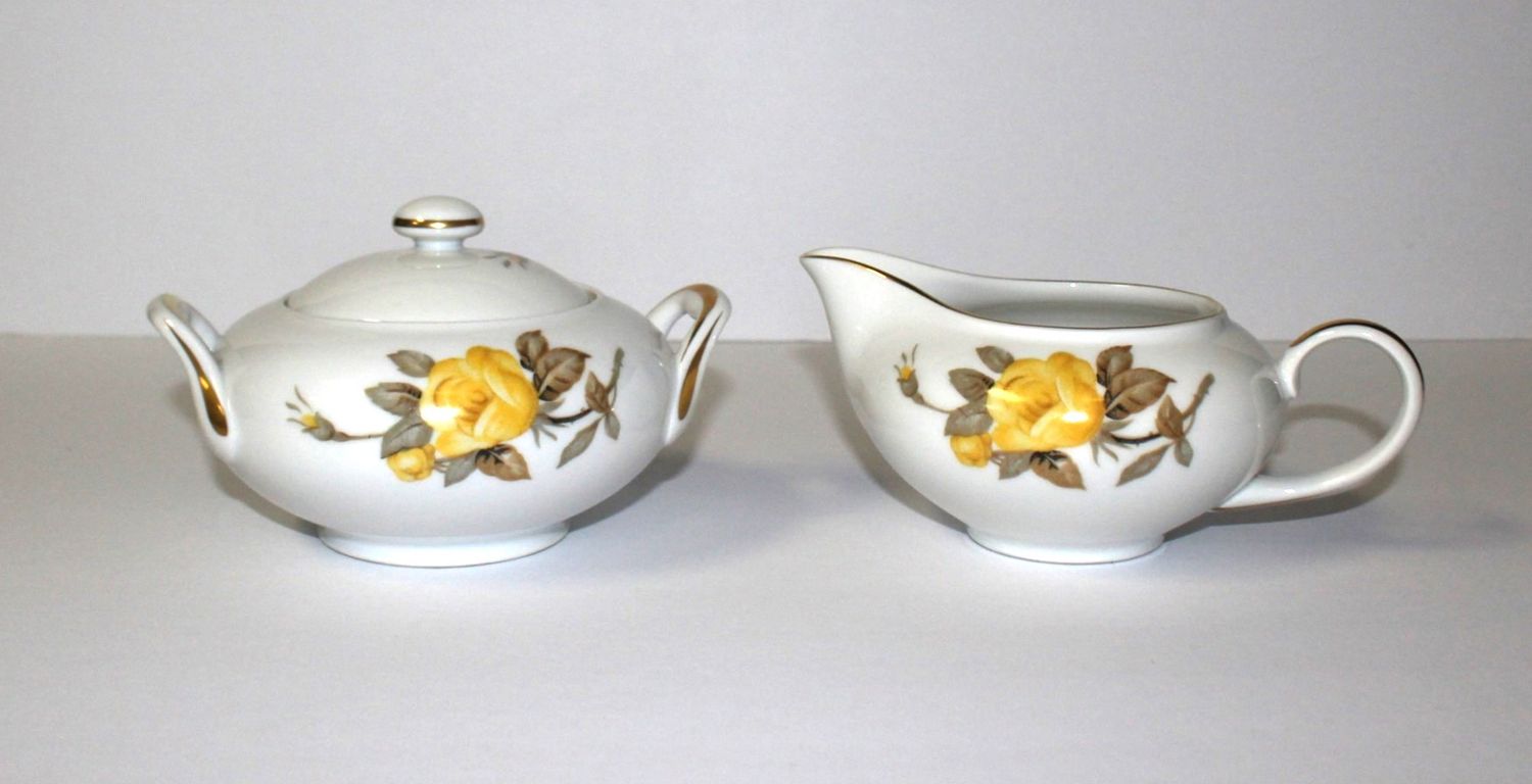 Sango Cotillion Yellow Rose Coupe 3-Piece Creamer and Sugar Bowl with Lid, Japan