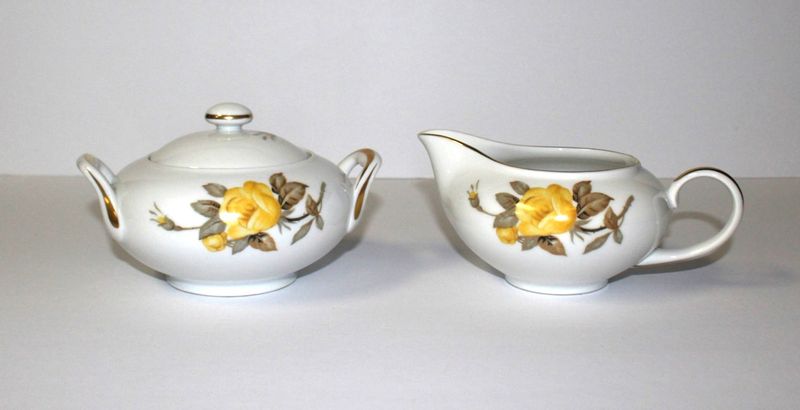 Sango Cotillion Yellow Rose Coupe 3-Piece Creamer and Sugar Bowl with Lid, Japan