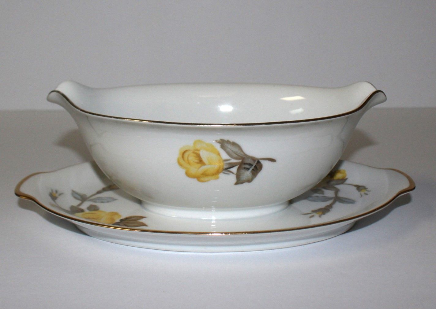 Sango Cotillion Yellow Rose Coupe Gravy Boat with Attached Underplate, Japan