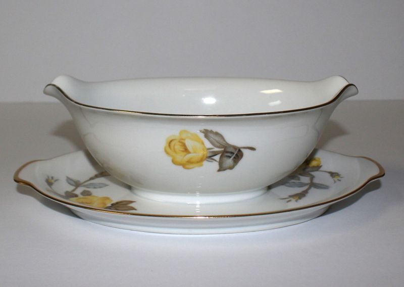 Sango Cotillion Yellow Rose Coupe Gravy Boat with Attached Underplate, Japan