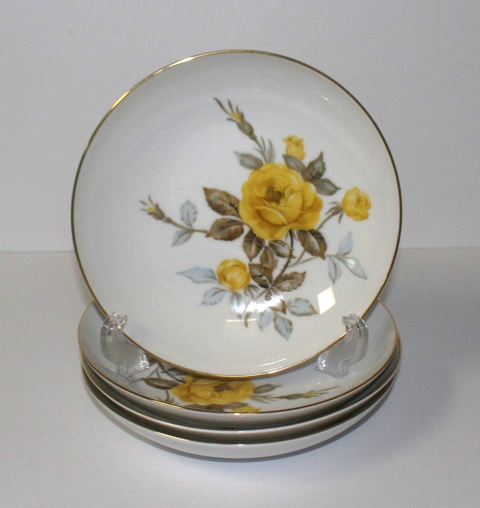 Set of 4 Sango Cotillion Yellow Rose 7.5&quot; Coupe Soup Bowls, Japan