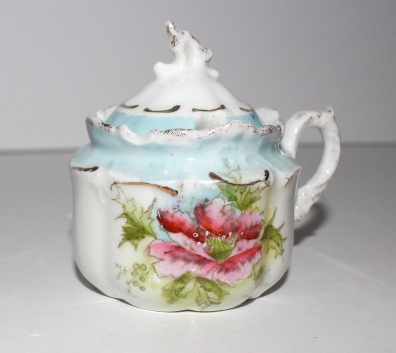 RS Prussia Scalloped Edge Pink Blue Mustard Condiment Pot with Lid, Unmarked